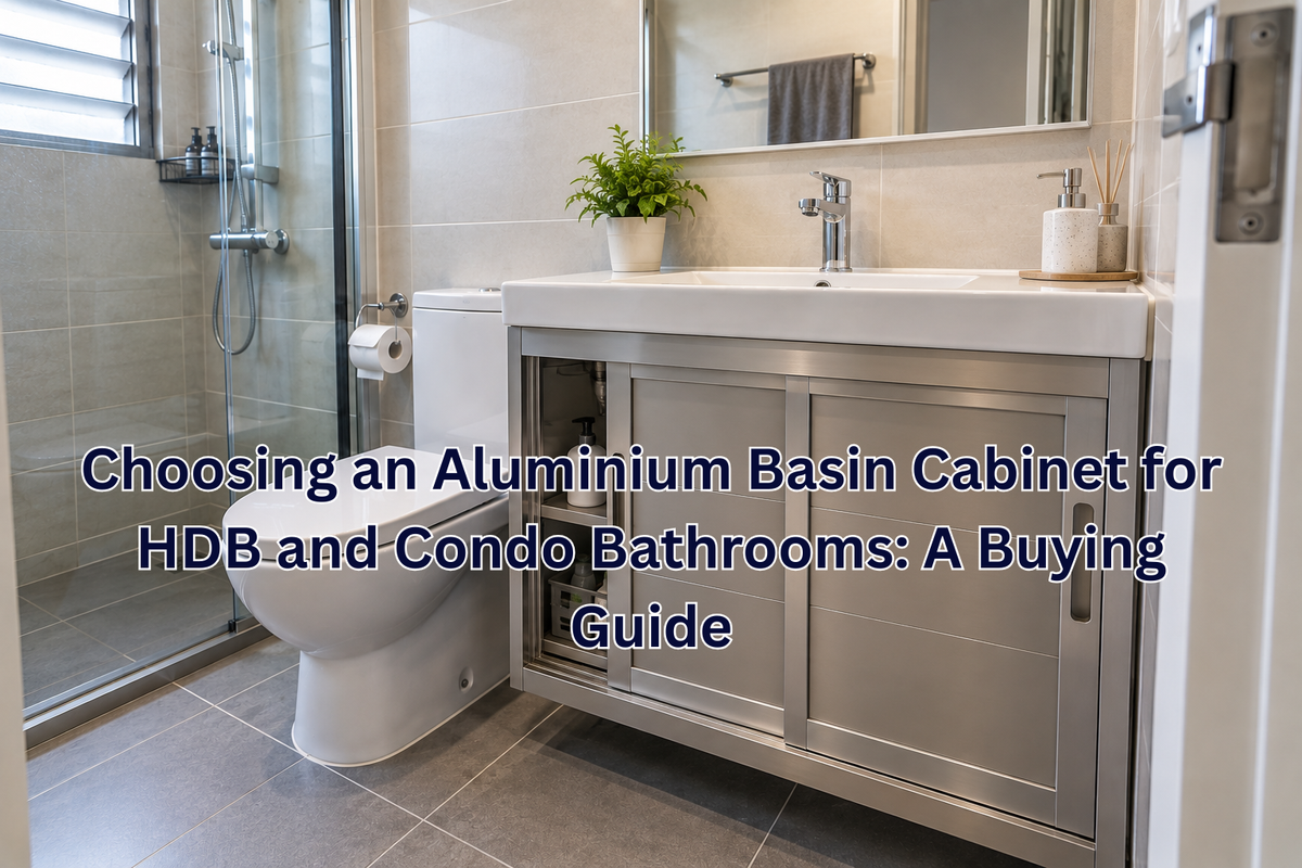 An aluminium-framed sliding basin cabinet installed in a compact Singapore bathroom with nearby toilet and shower fixtures.